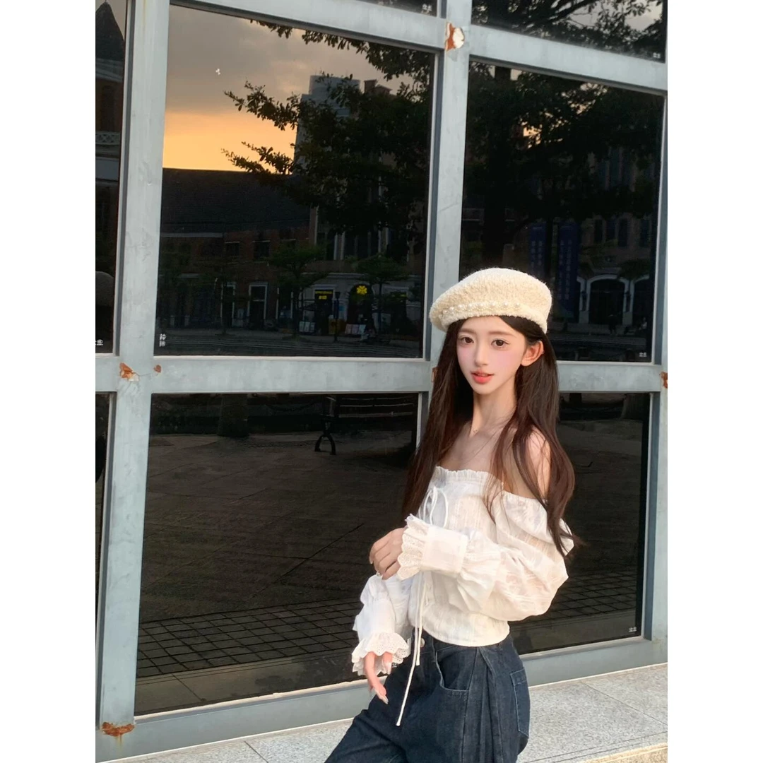 套装女2025早秋新款气质露肩长袖显瘦衬衫上衣宽松百搭阔腿牛仔裤