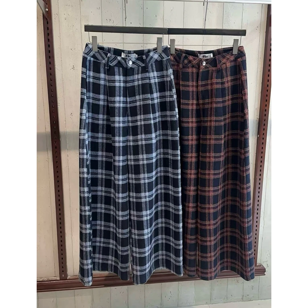 （福）复古小众！拼色格子阔腿直筒休闲裤（2R6113#）爱唯依