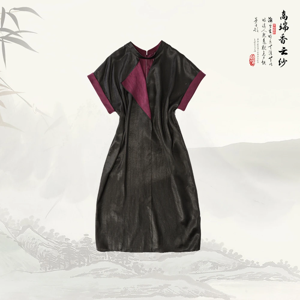 品牌新款宽松复古撞色设计气质短袖长款连衣裙529404显瘦