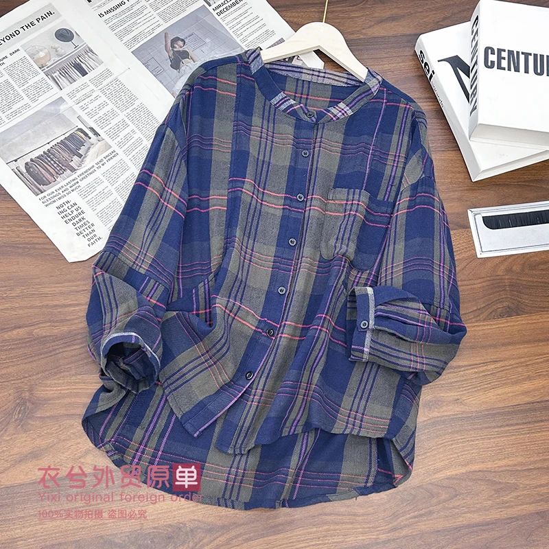 （复古撞色格纹衬衫）6606早秋新款文艺风通勤百搭显瘦长袖衬衫Z