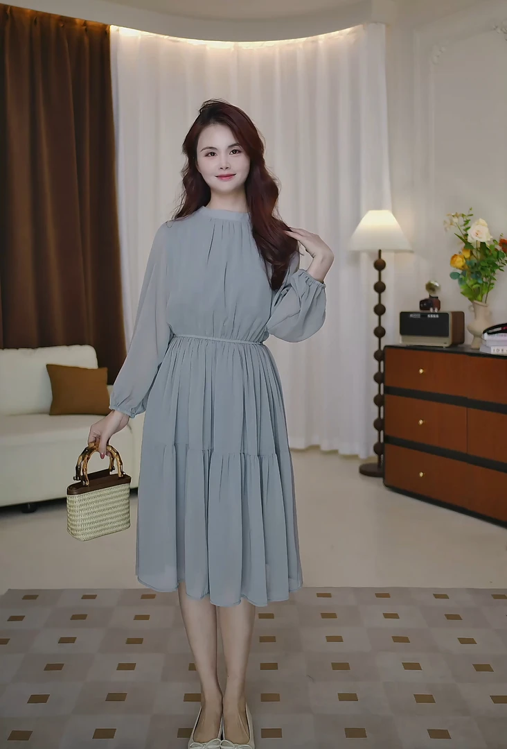 【晨熙】小个子定制温柔气质圆领褶皱收腰连衣裙高腰显高显瘦透气