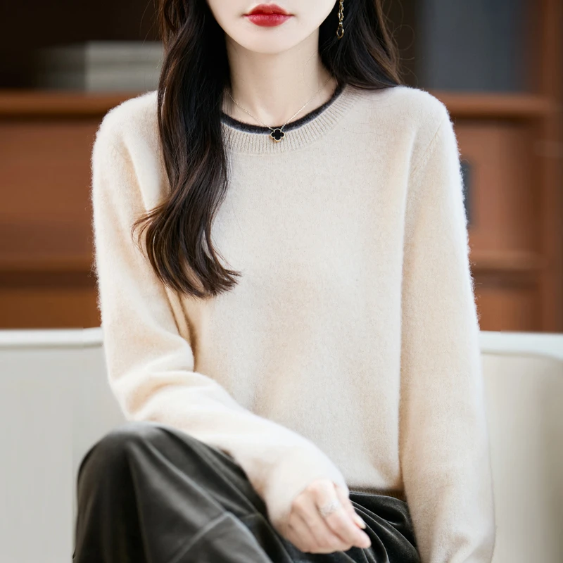 2025秋冬新款圆领羊毛衫女士拼色毛衣套头打底针织衫宽松洋气显瘦
