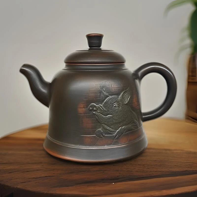 广西钦州市坭兴陶茶壶生肖猪手工拉坯手工雕刻约250毫升