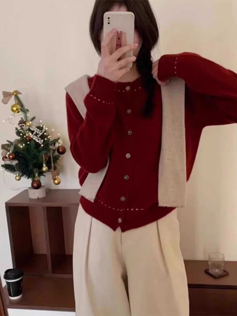 格子扣领口勾线冬季女孩穿搭小香风显瘦软糯开衫针织毛衣#1011（7）