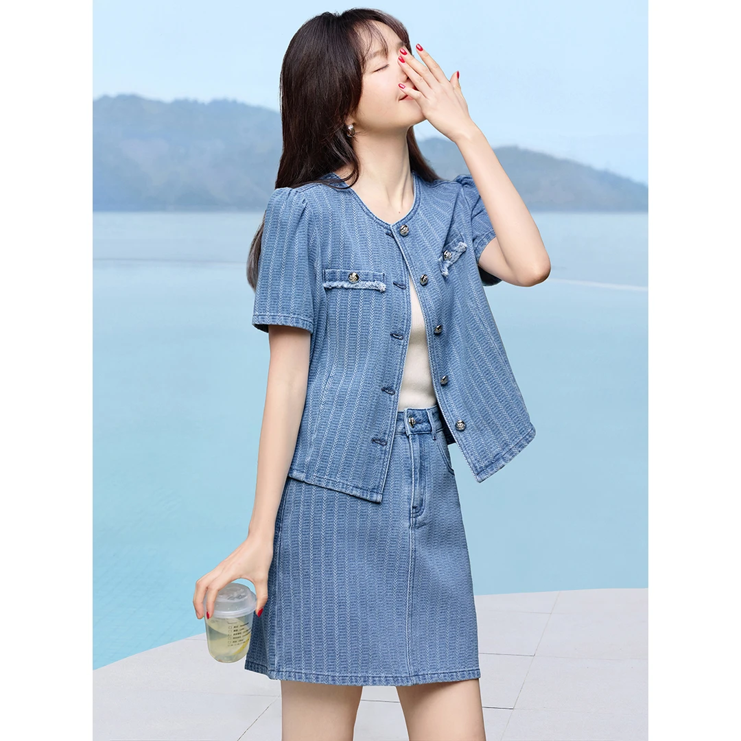 沫晗依美【复古海报】提花小香风短袖外套+半裙套装2025夏牛仔套装