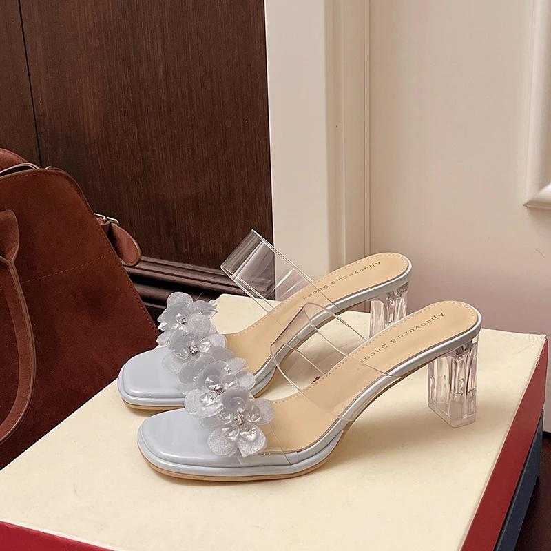 水晶粗跟仙女凉鞋2025夏季新款透明一字带凉拖鞋水钻气质显瘦凉拖