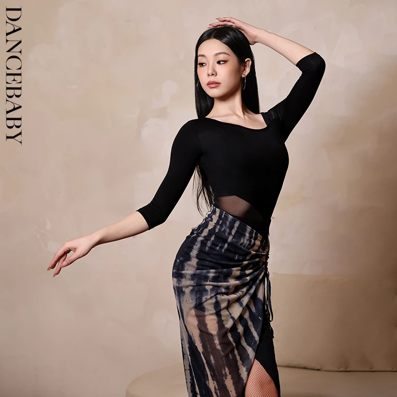 DANCEBABY拉丁舞服跳舞上衣女成年长袖网纱拼接练功服舞蹈衣YS337