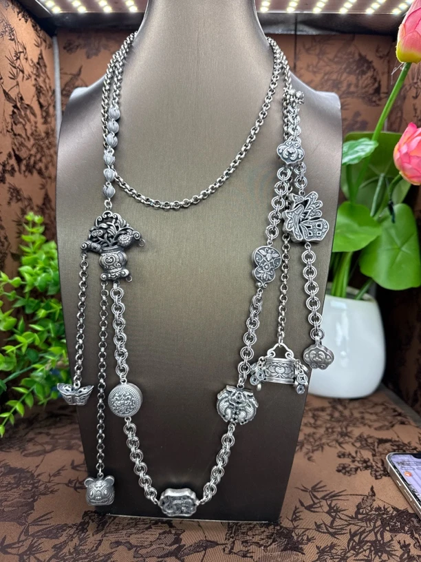 链子925银 小郑家纯银手工簪刻重工手机链