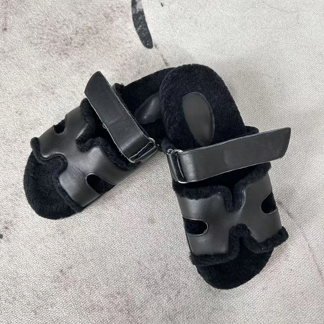 2025秋冬新款鞋子魔术贴毛毛平底一字拖鞋2EI0502