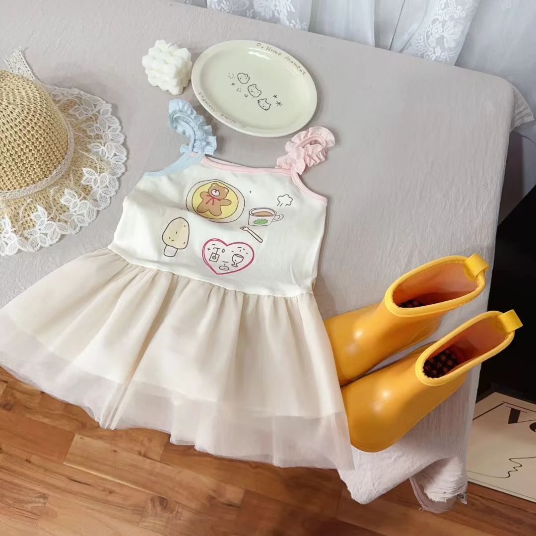 夏季女童公主风拼色网纱花边无袖吊带背心童装