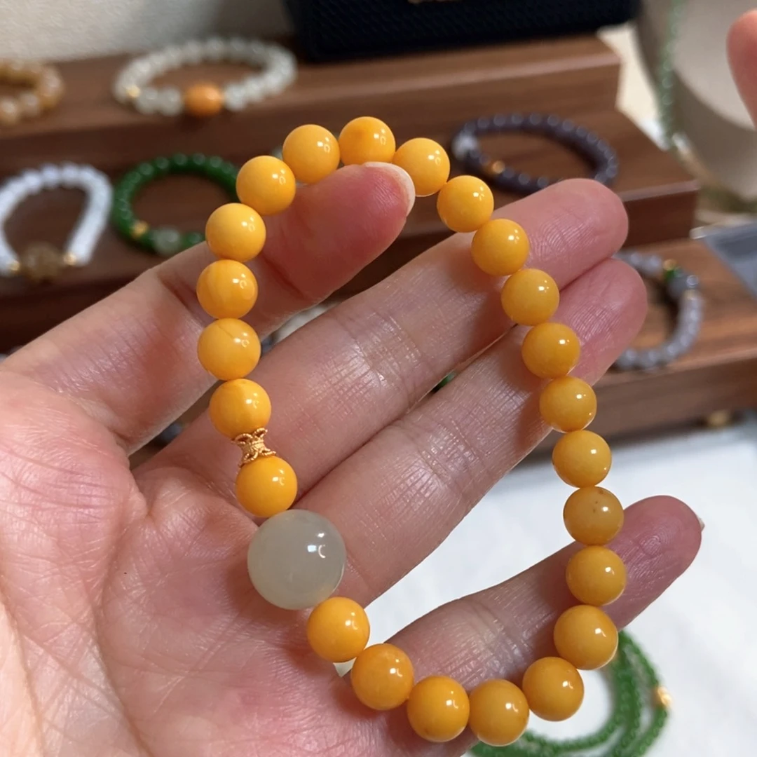 蜜蜡手链银S925镶嵌福利7mm蜜蜡