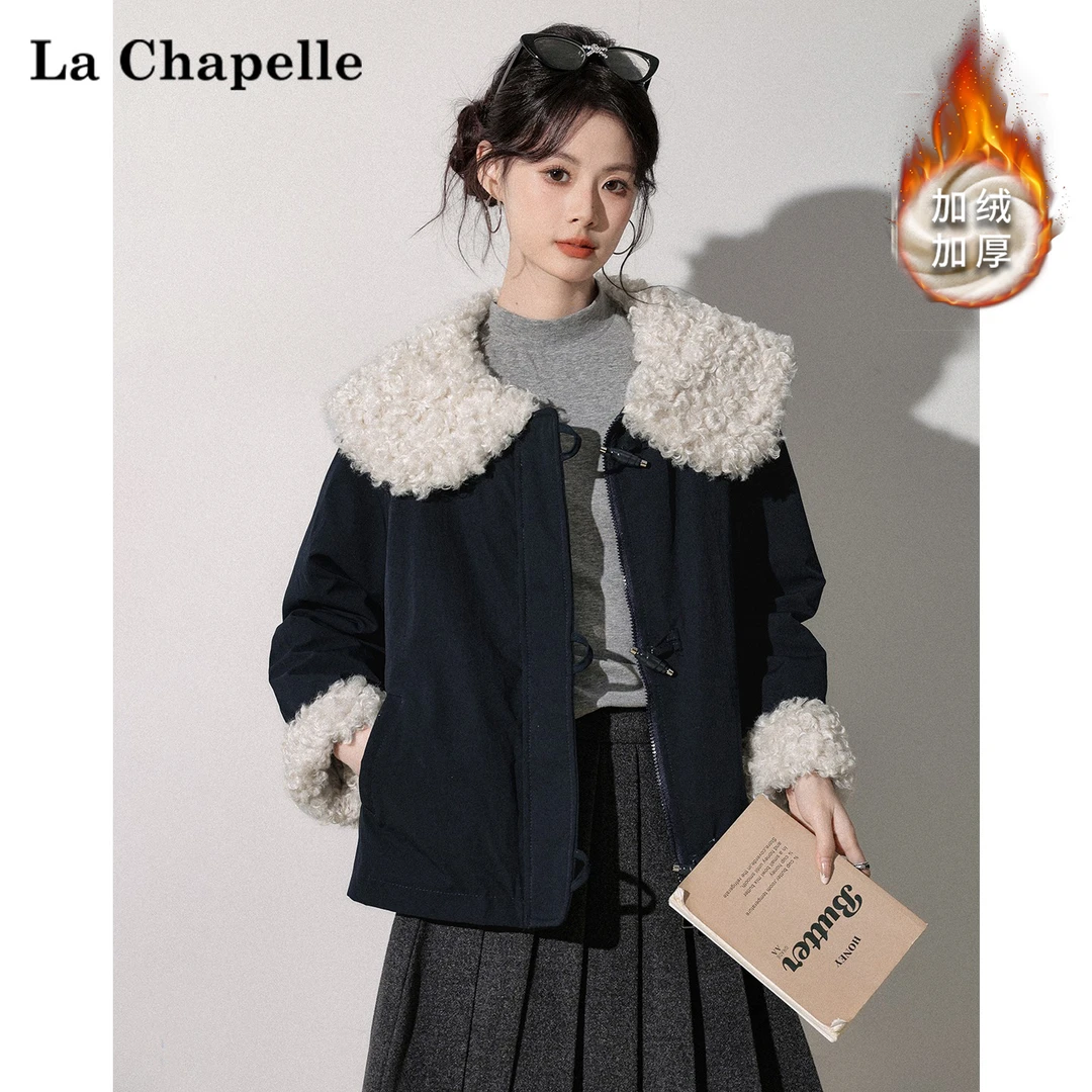拉夏贝尔美式仿羊羔绒大翻领棉服外套女小个子加绒加厚棉衣派克服