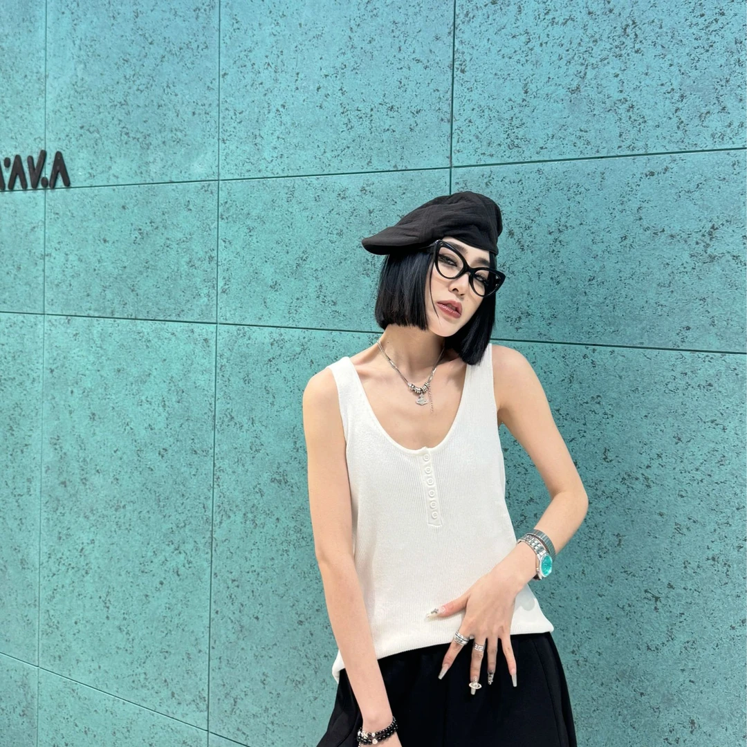 大u领吊带上衣无袖T恤宽松西装内搭针织背心女大码打底衫设计感