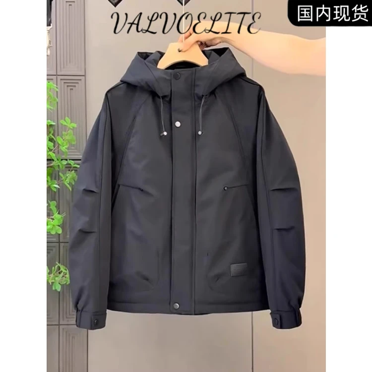 棉服男款冬季高级感时尚百搭二棉连帽工装外套简约纯色加棉夹克男