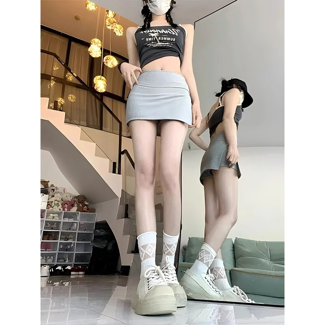 美式街头风灰色半身裙裤女夏设计开叉包臀裙子运动辣妹短裙