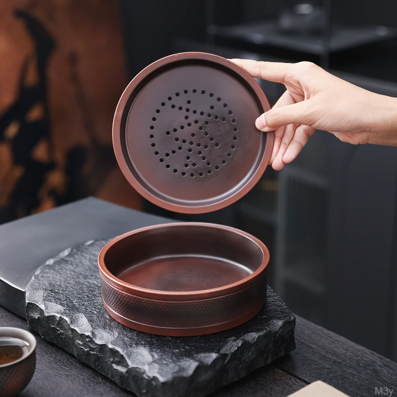 创意紫陶家用满工跳刀茶壶盖碗茶水分离壶承大容量蓄水茶盘干泡台