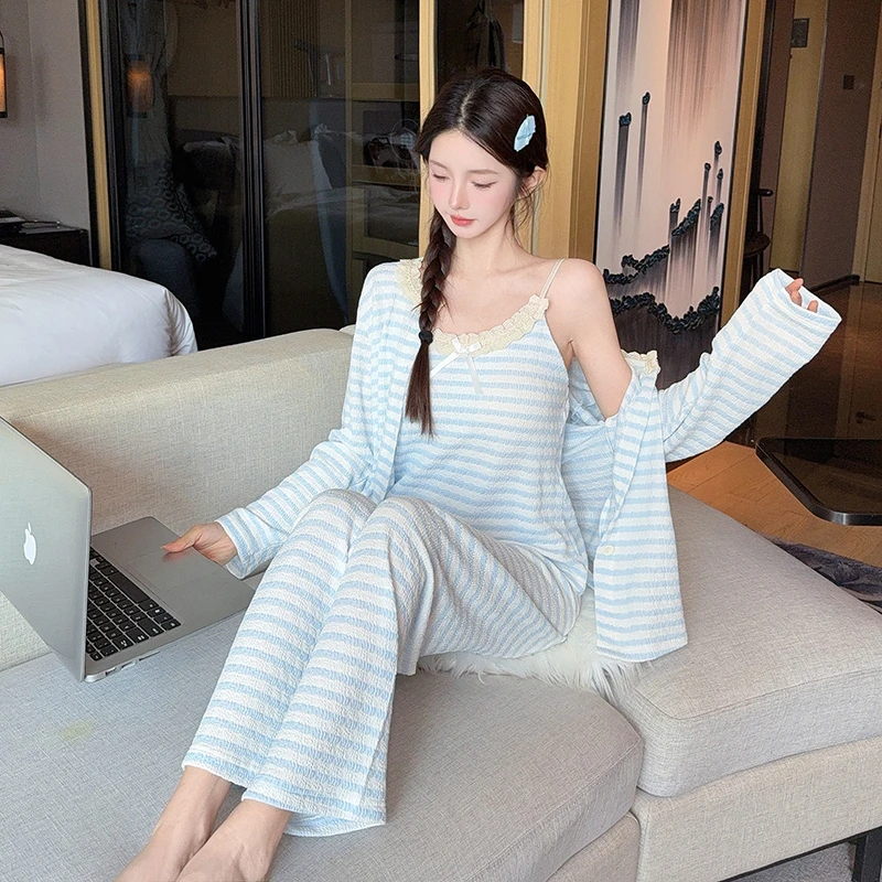【花边条纹】甜美睡衣女2025新款春秋款带胸垫吊带三件套家居服套装