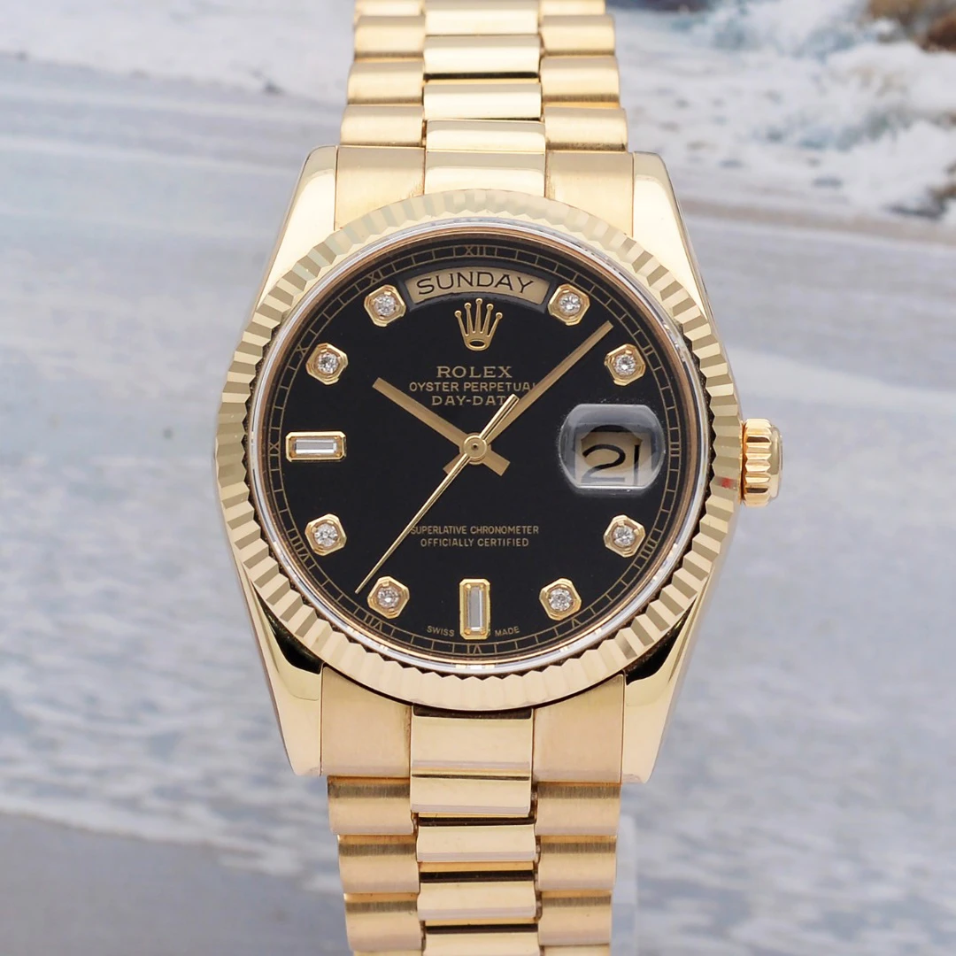99新 Rolex/劳力士 爱换星期日历118238黑盘18K黄金36mm机械男表