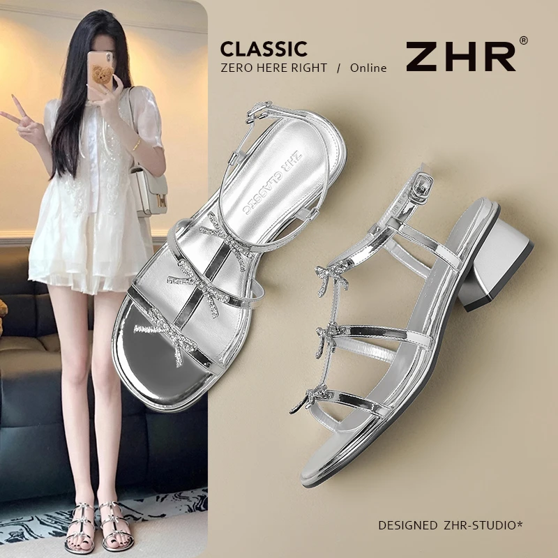 ZHR银色粗跟凉鞋女2025夏新款外穿不累脚罗马鞋时尚蝴蝶结高跟鞋
