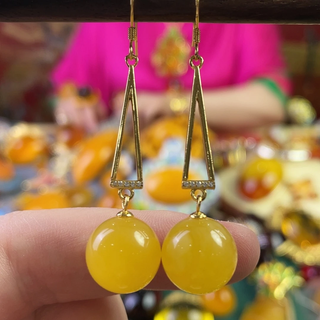 银S925镀金镶嵌蜜蜡耳环