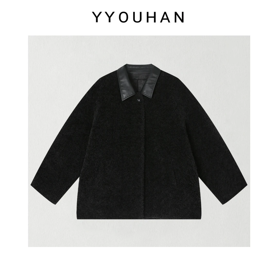 月月 小众设计年货定制百搭皮领口拼接糕毛A板显瘦外套2511C8316