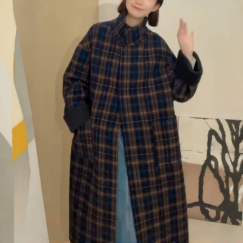 韩系复古格纹双面羊毛大衣女2025年秋冬新款休闲宽松过膝毛呢外套
