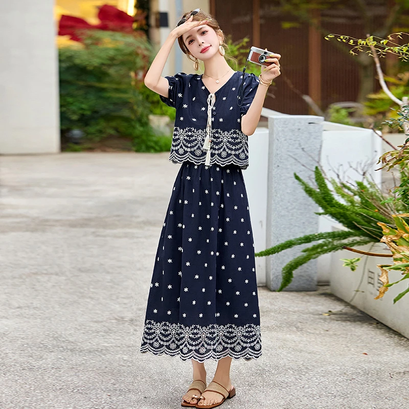 时尚两件套装洋气衣服女夏季新款气质修身显瘦圆点绣花连衣长裙子