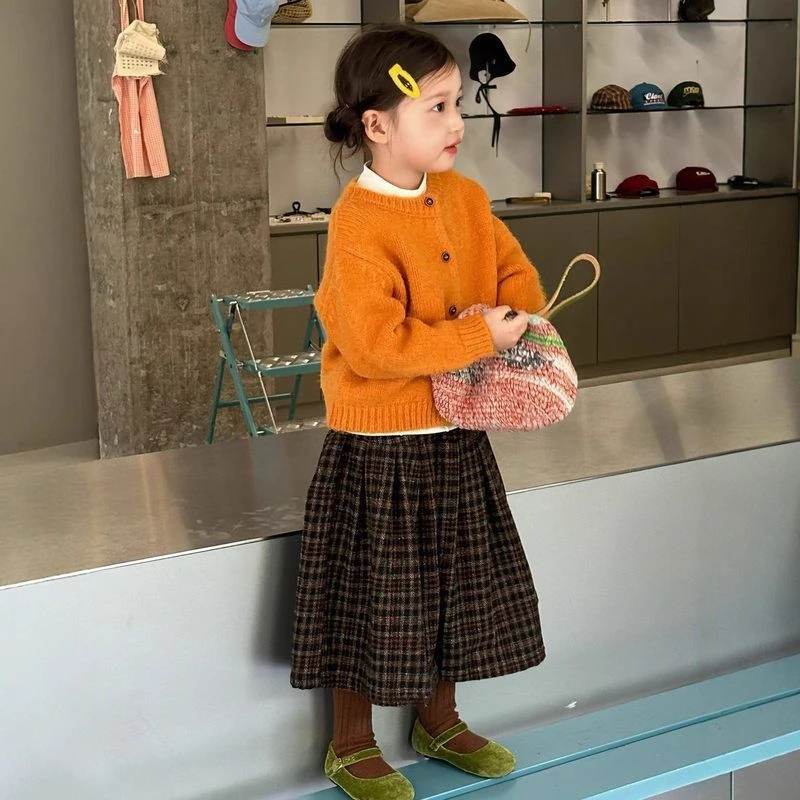 女童套装秋冬季韩版圆领针织毛衣开衫洋气毛呢宽松格子裤阔腿裤