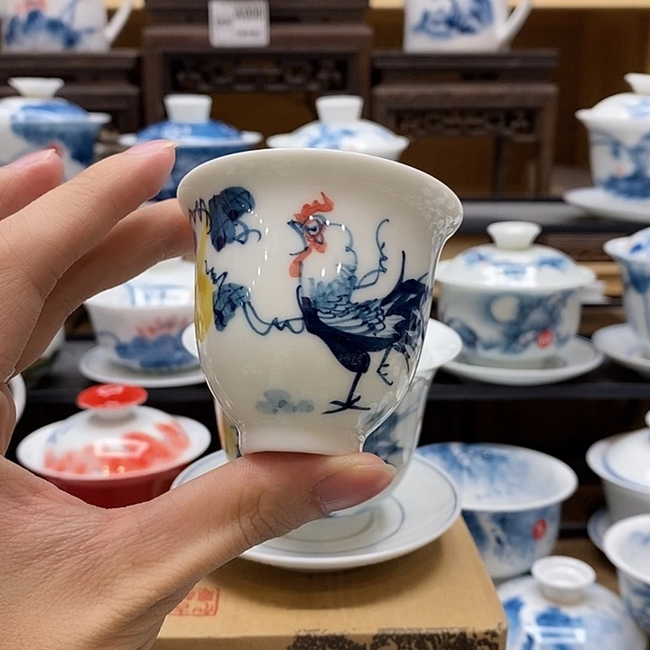 搞***鱼手绘公鸡75cc杯子主人杯釉下彩微瑕福利款