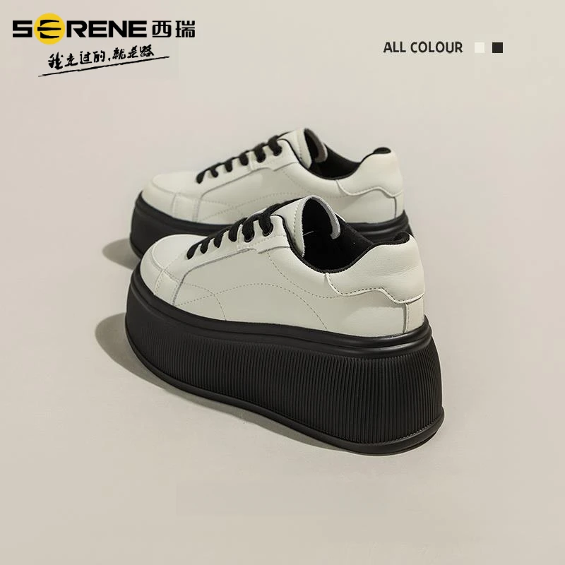 西瑞女鞋秋冬厚底增高小众韩版松糕鞋时尚百搭牛皮高跟拼色休闲鞋