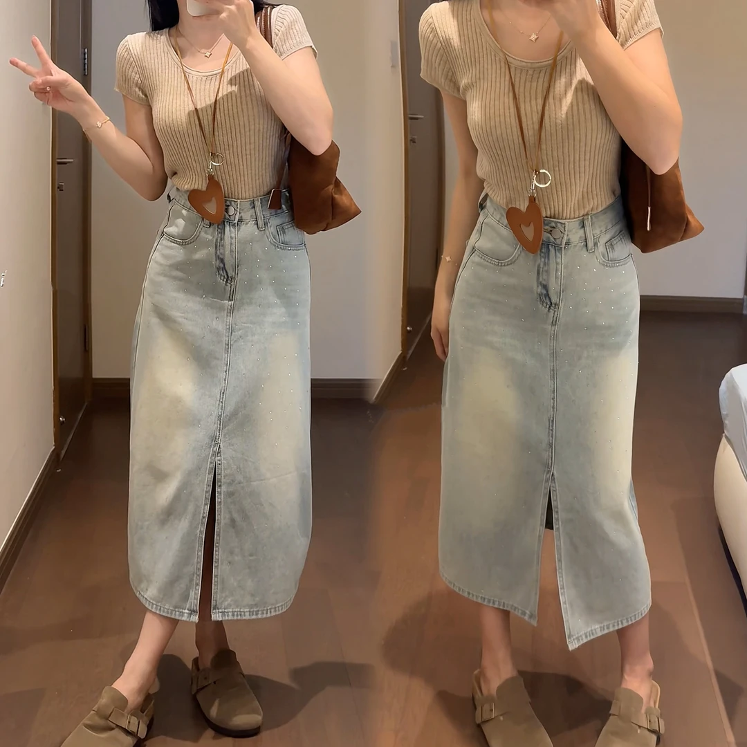 小鱼故事 夏季薄款烫钻开叉牛仔A版半身裙宽松显瘦百搭包臀中长裙