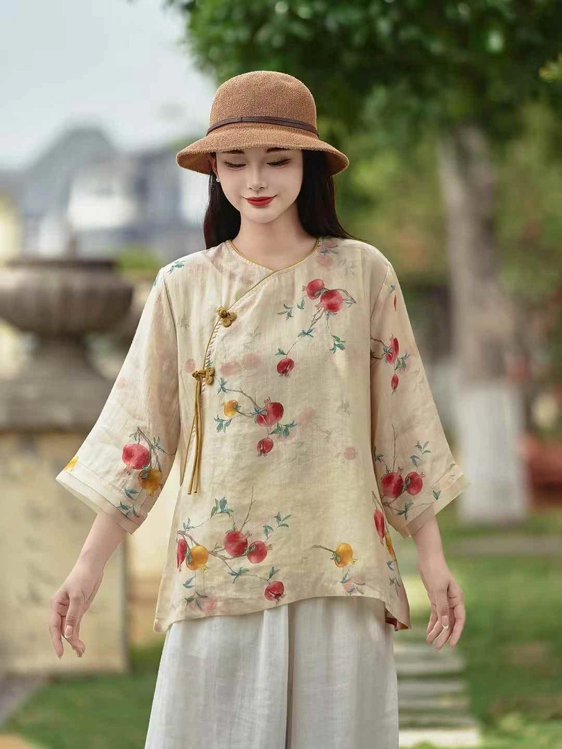 麻风小筑【小石榴】衬衫民族风文艺夏季国风印花女装原创设计中式