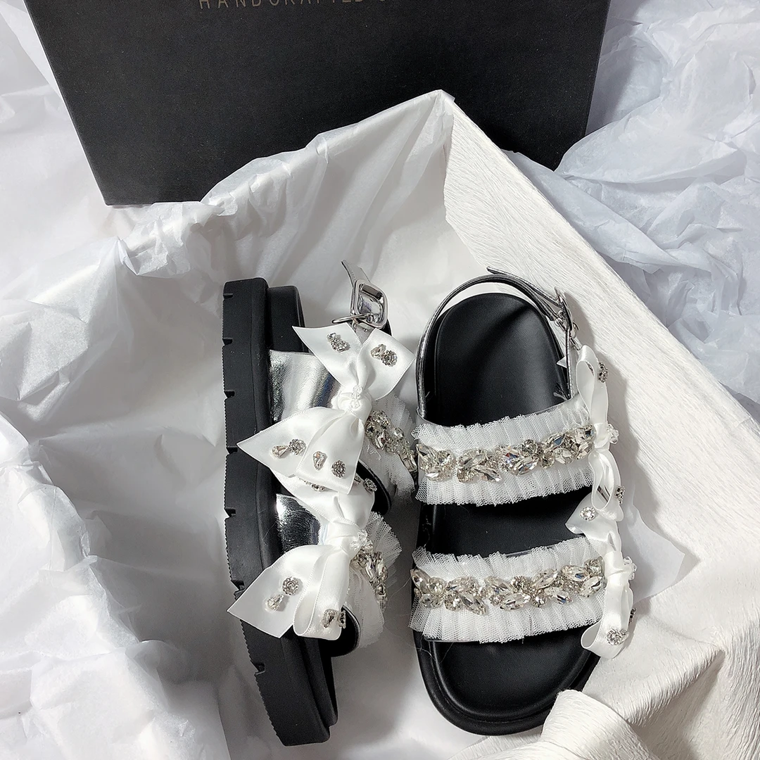 森屿海巷 新款厚底水钻露趾凉鞋纱纱一脚蹬中跟圆头后拉女鞋