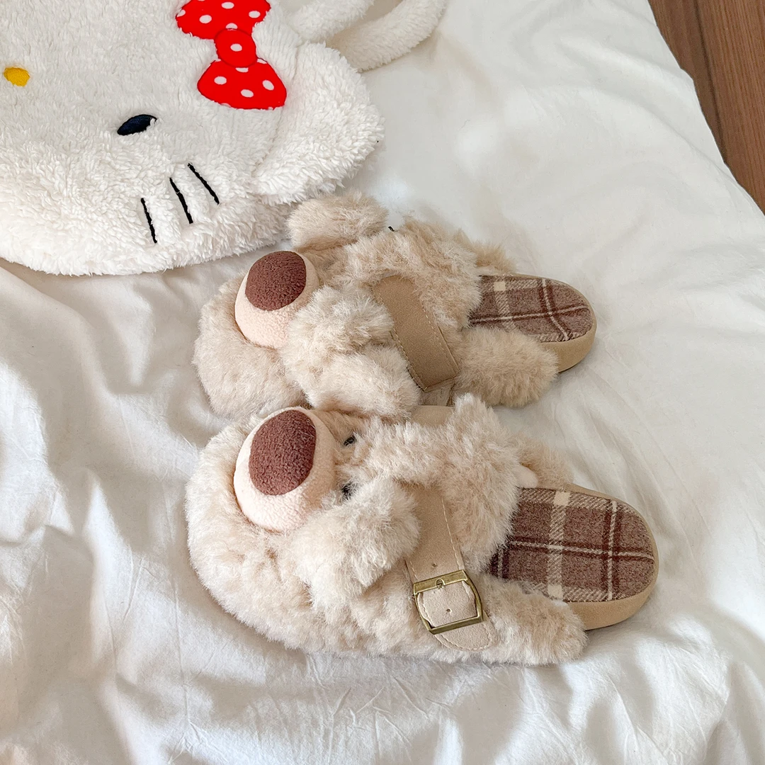 可爱呆萌小熊毛茸茸居家棉拖鞋女2025新款秋冬外穿厚底包头毛毛拖