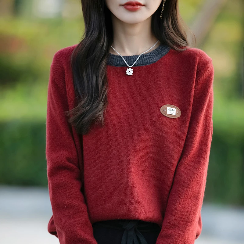 秋冬新款圆领拼色毛衣女宽松套头订标针织衫时尚洋气外穿长袖上衣