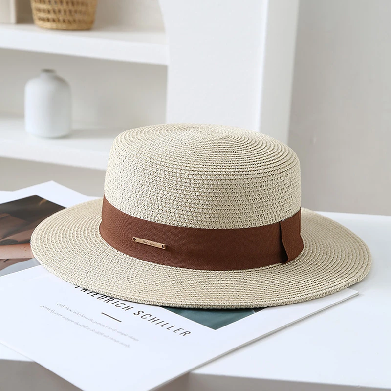 时尚平顶休闲百搭女士礼帽复古帽子女款草帽防紫外线高档赫本