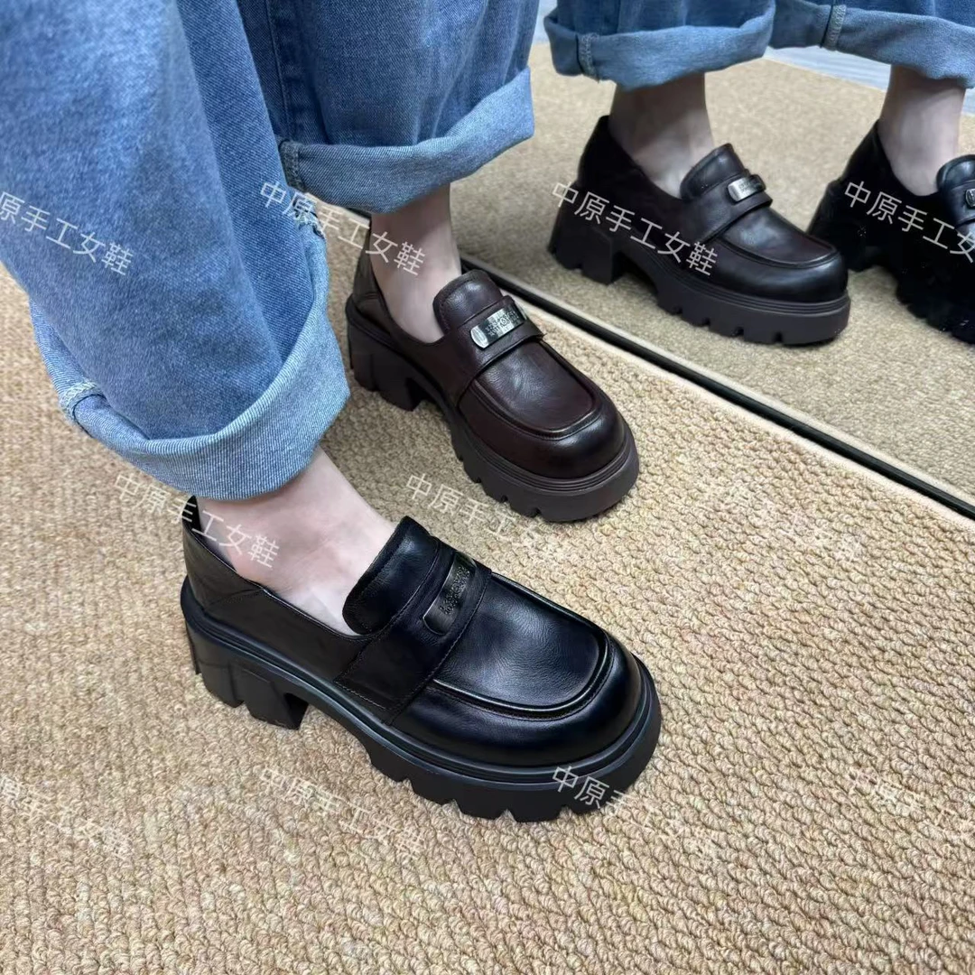 258576秋季粗跟一脚蹬真皮软面乐福鞋厚底舒适百搭小皮鞋女单鞋
