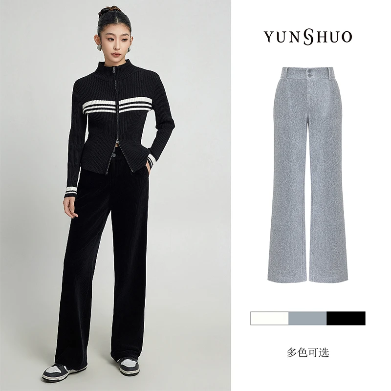 允硕秋冬新品灯芯绒裤子女高腰显瘦阔腿裤宽松直筒裤199830