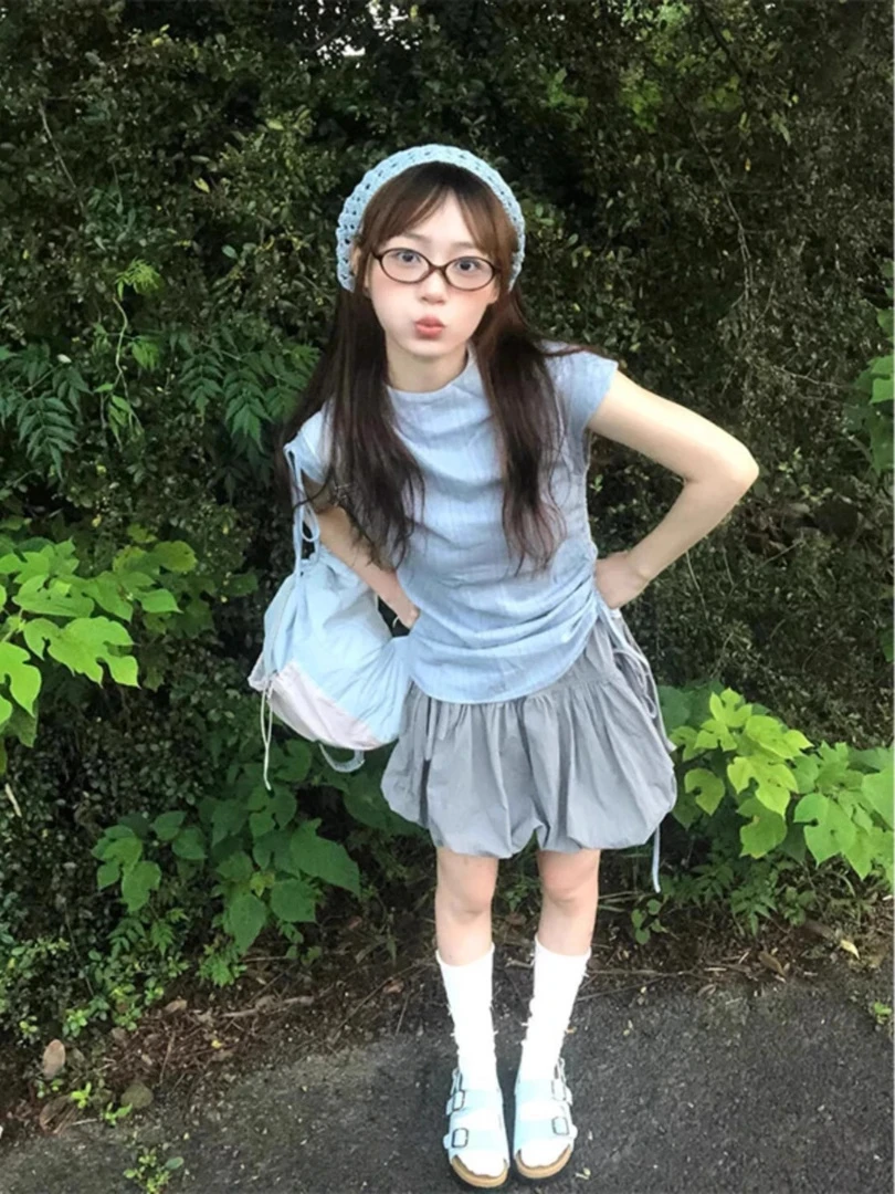 4624复古辣妹chic套装女夏季抽绳落肩上衣褶皱半身裙小个子一整套