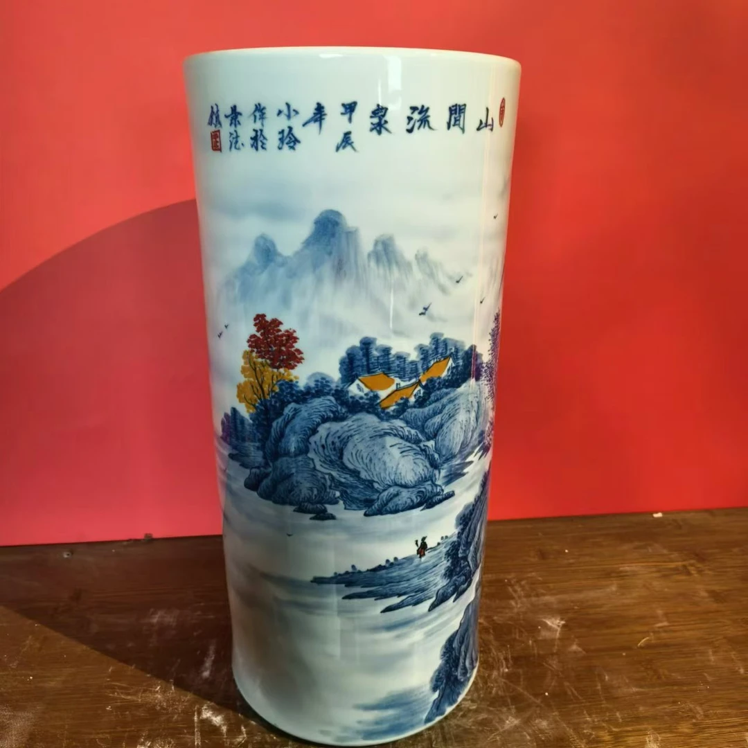 117 景德镇陶瓷花瓶手工手绘釉下五彩山水箭筒冒筒