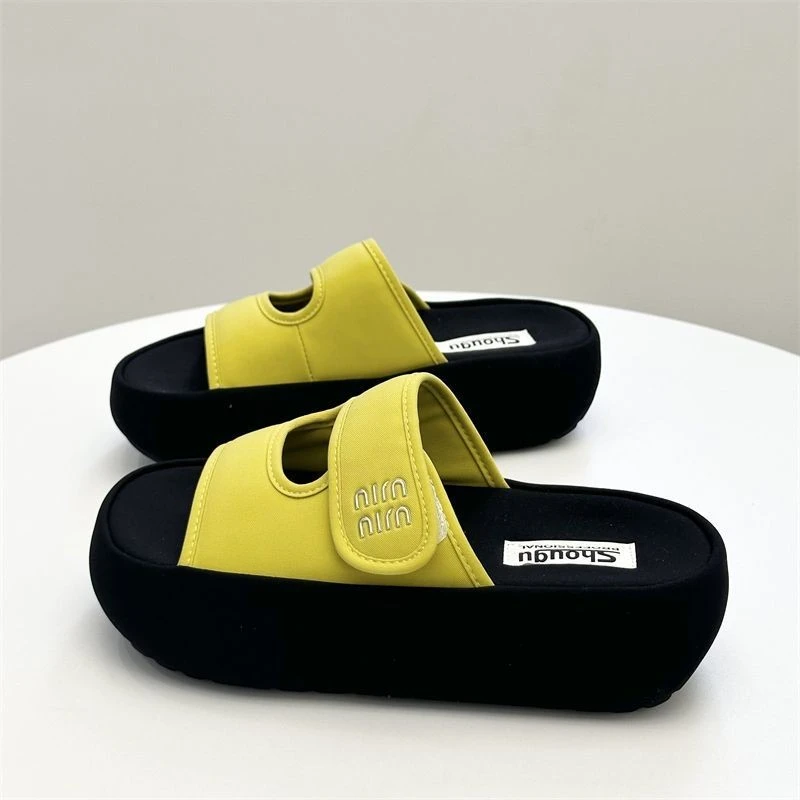 【潮牌高定】2025夏季新款斜纹布一字拖女韩版百搭舒适魔术贴厚底鞋