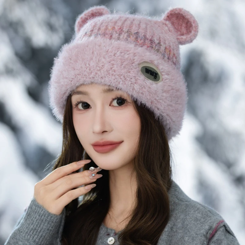 春秋韩版女甜美圣诞风针织加厚防风保暖套头圆顶无檐毛线帽咖灰粉