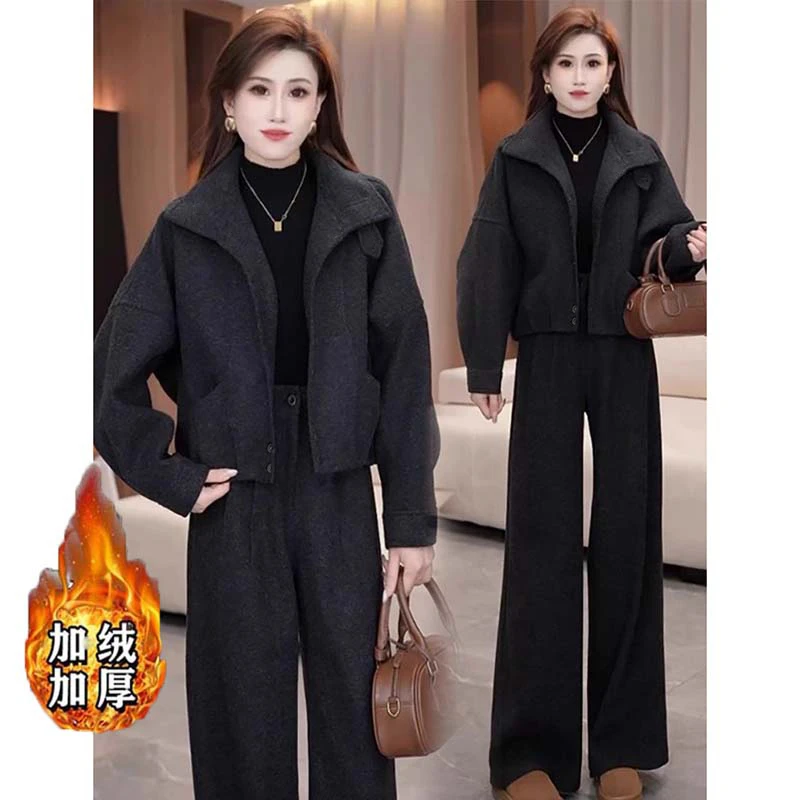 【加绒加厚】【两件套】宽松显瘦毛呢短外套阔腿裤两件套TX0223