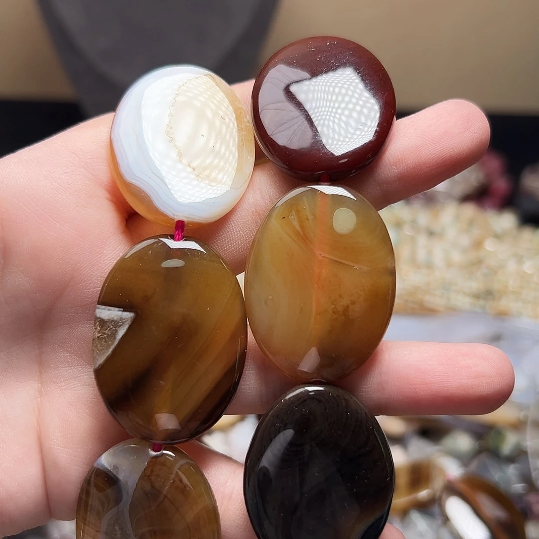 玛瑙/玉髓合金珠宝半成品D667，美拉德缠丝玛瑙椭圆一条