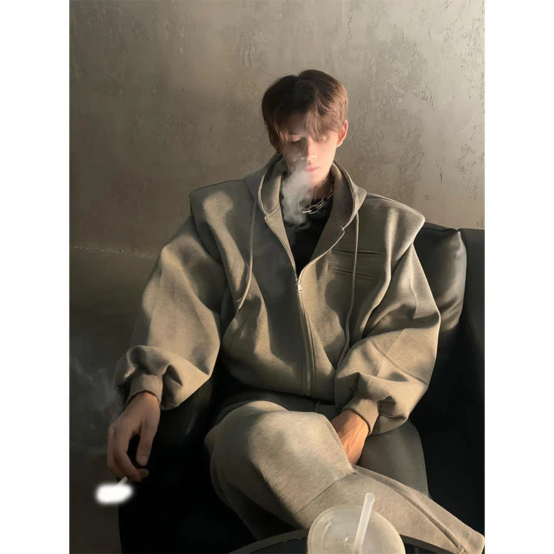 重磅硬挺cleanfit垫肩卫衣男春秋季拉链开衫连帽假两件美式外套潮