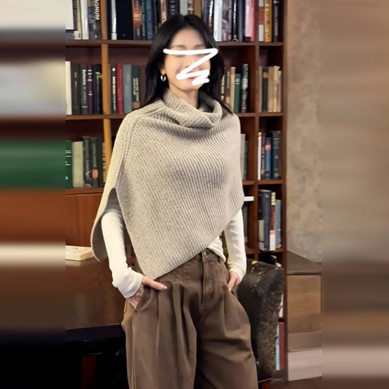 韩系慵懒风半高领针织毛衣女款2024新款冬季小个子高级设计感披肩