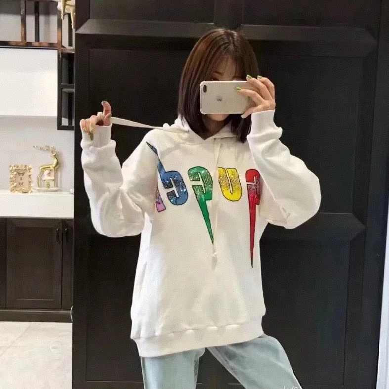 99新 GUCCI/古驰 梅芙 白色鳞片闪电帽衫 xs码