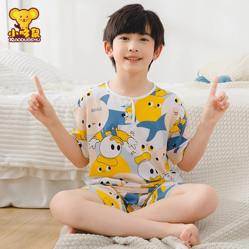 儿童棉绸睡衣套装夏季男童薄款宝宝短袖短裤小孩学生家居服空调服