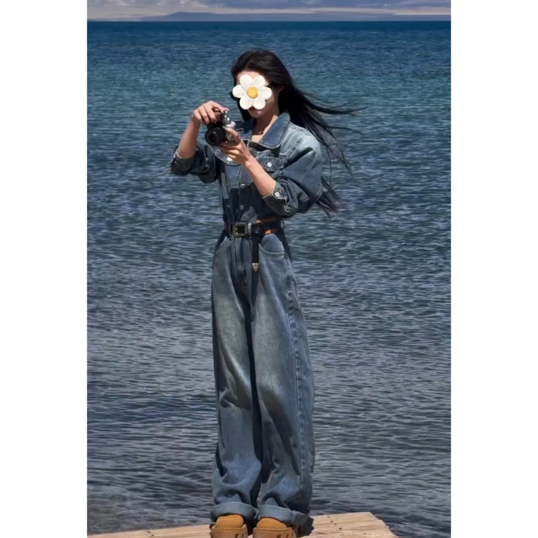 爆款连衣裤高腰显瘦牛仔裤秋装新款阔腿直筒工装裤韩版气质皮牌