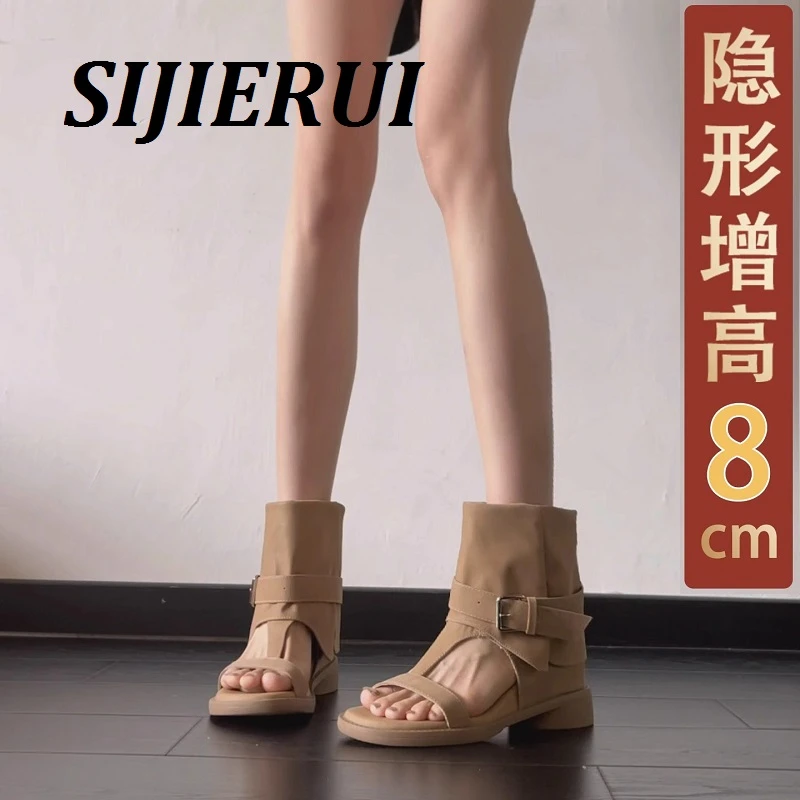SIJIERUI复古罗马套趾凉靴女2025年夏季新款内增高短靴皮带扣凉鞋